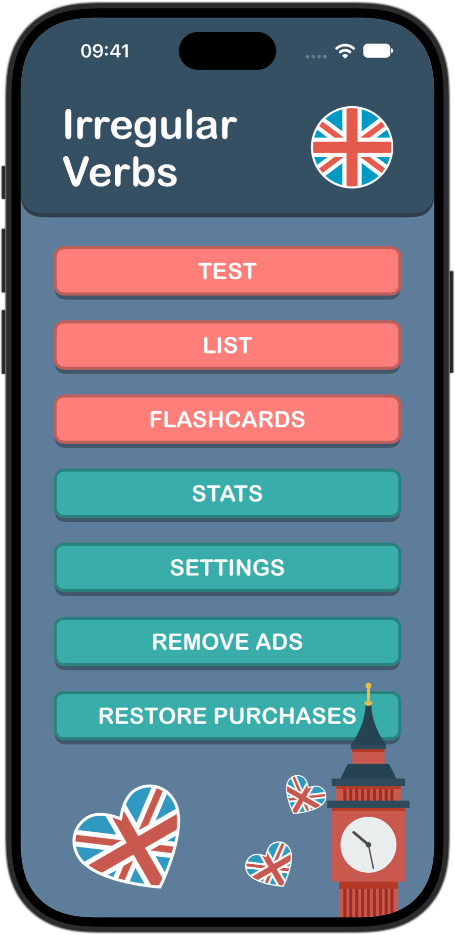 Irregular Verbs home screen on iPhone 18 Pro, with Test, List, Flashcards, Stats and Settings
